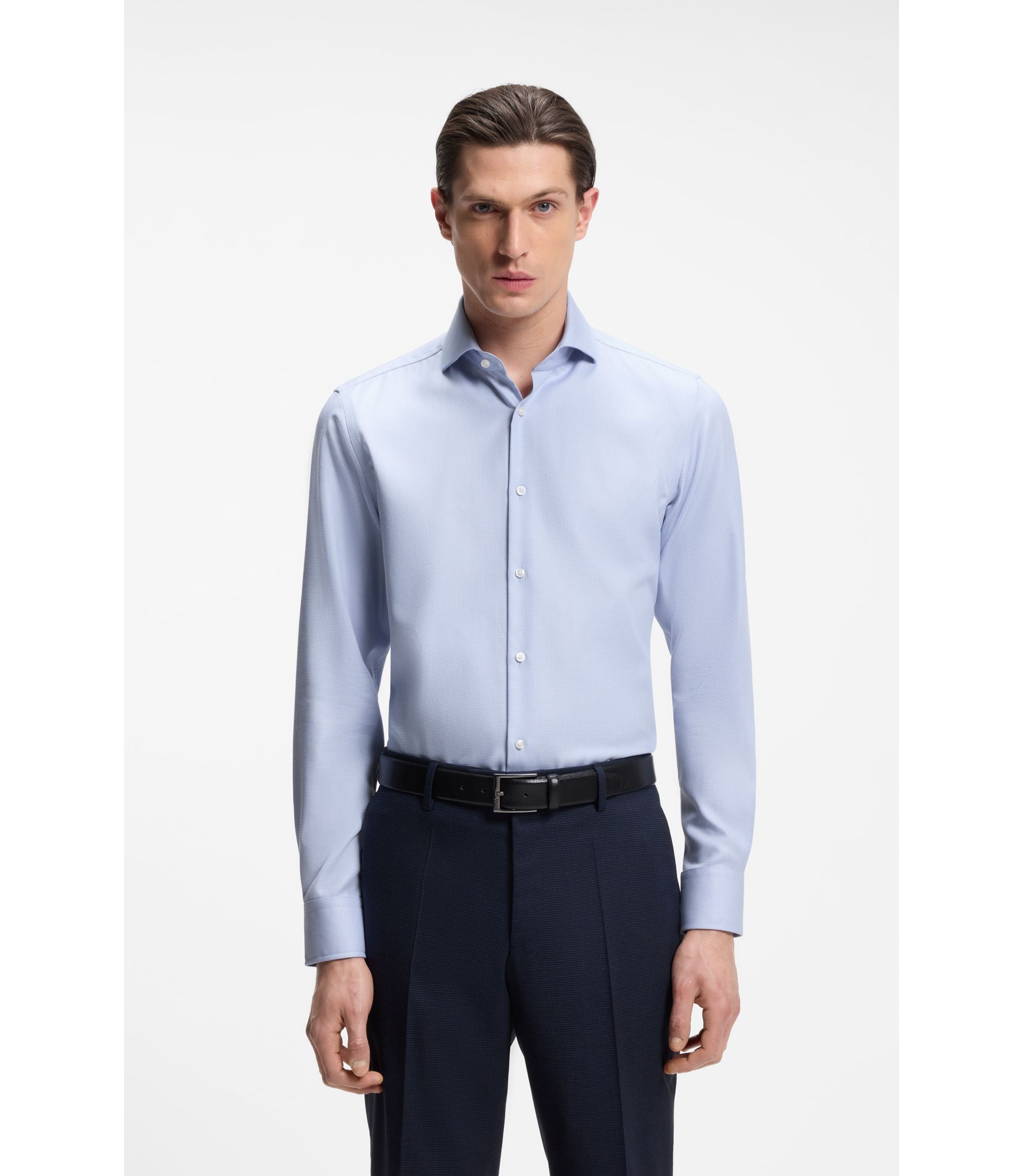 Boss Slim Fit Shirt In Structured Wrinkle Free Cotton Light Blue
