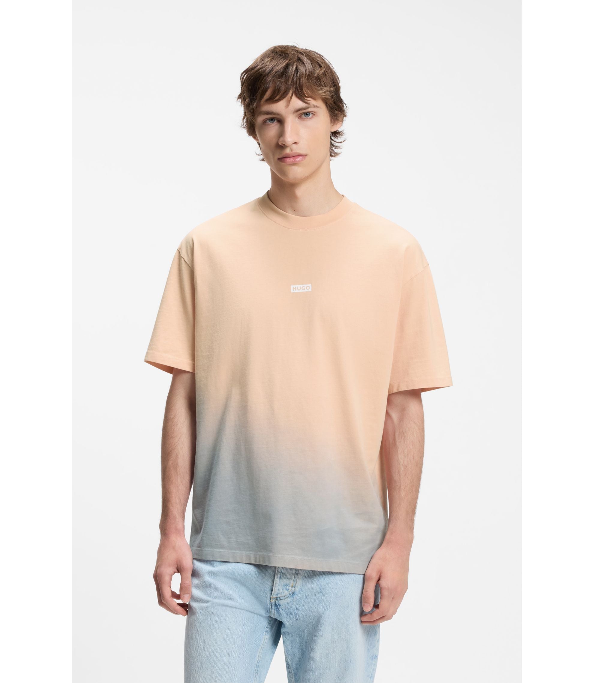 Hugo Dip Dyed Logo T Shirt In Cotton Jersey Light Orange