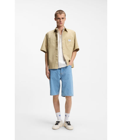 Hugo Oversize Fit Shirt In Slub Cotton With Patch Pockets Beige