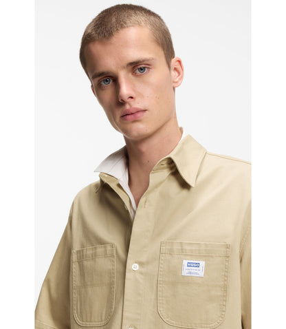 Hugo Oversize Fit Shirt In Slub Cotton With Patch Pockets Beige