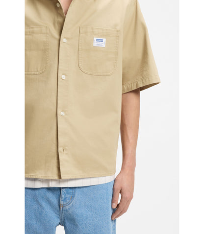 Hugo Oversize Fit Shirt In Slub Cotton With Patch Pockets Beige
