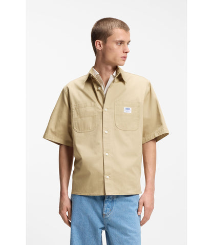 Hugo Oversize Fit Shirt In Slub Cotton With Patch Pockets Beige