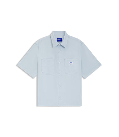 Hugo Oversize Fit Shirt In Slub Cotton With Patch Pockets Light Blue