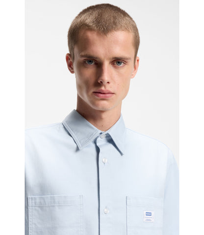 Hugo Oversize Fit Shirt In Slub Cotton With Patch Pockets Light Blue