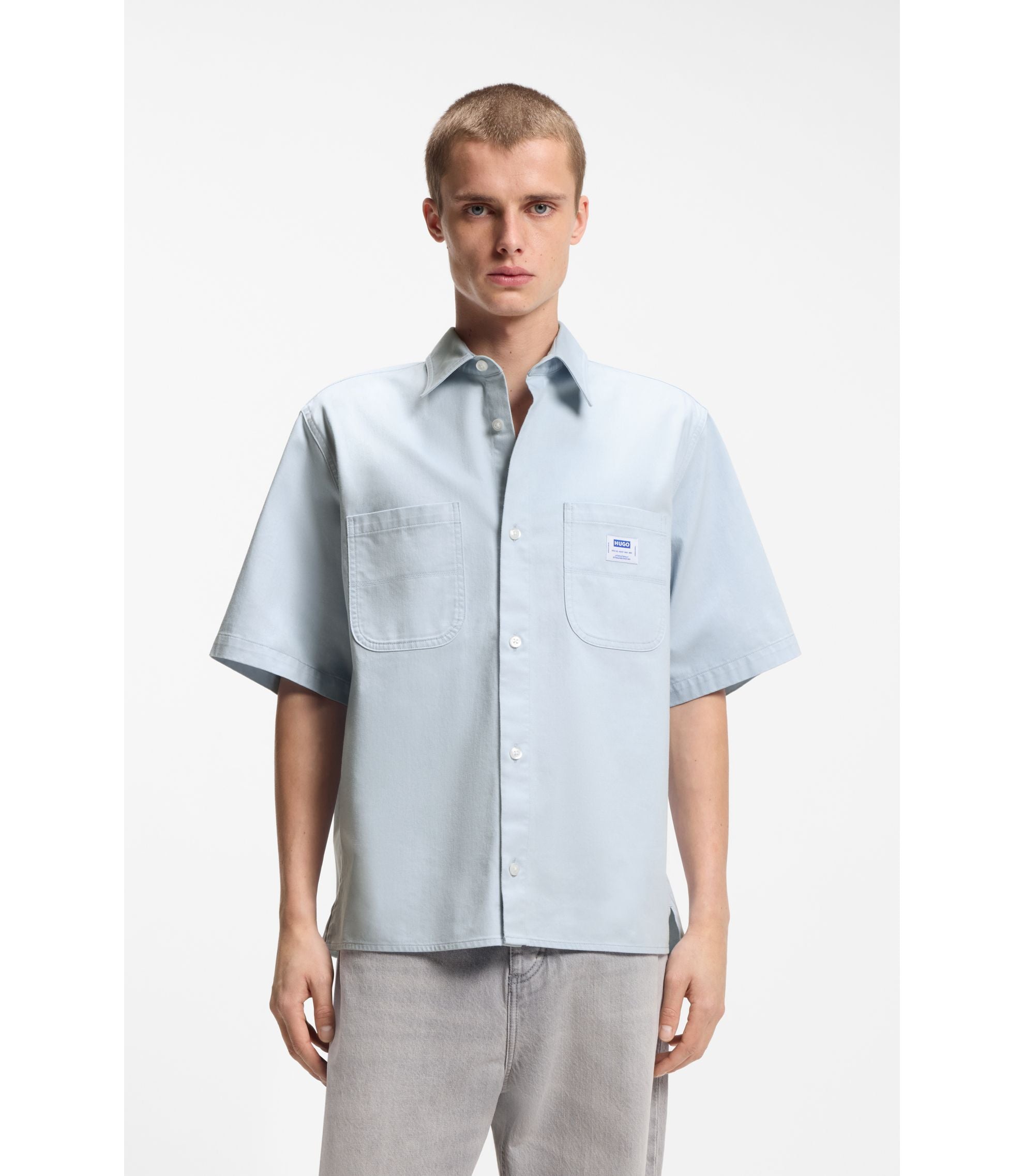 Hugo Oversize Fit Shirt In Slub Cotton With Patch Pockets Light Blue