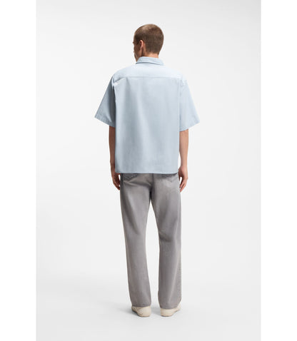 Hugo Oversize Fit Shirt In Slub Cotton With Patch Pockets Light Blue