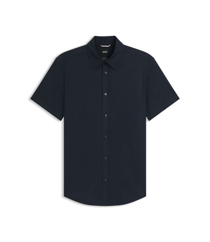 Boss Slim Fit Shirt In Stretch Linen Dark Blue