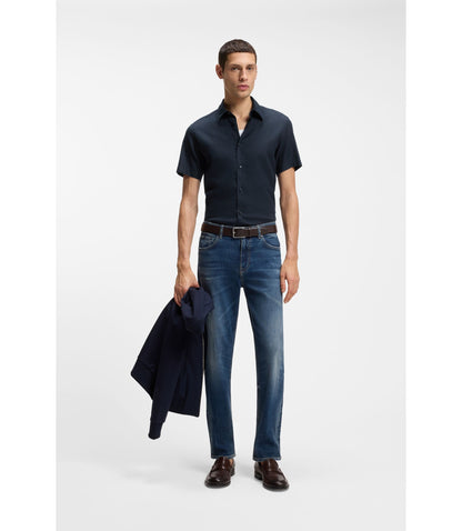 Boss Slim Fit Shirt In Stretch Linen Dark Blue