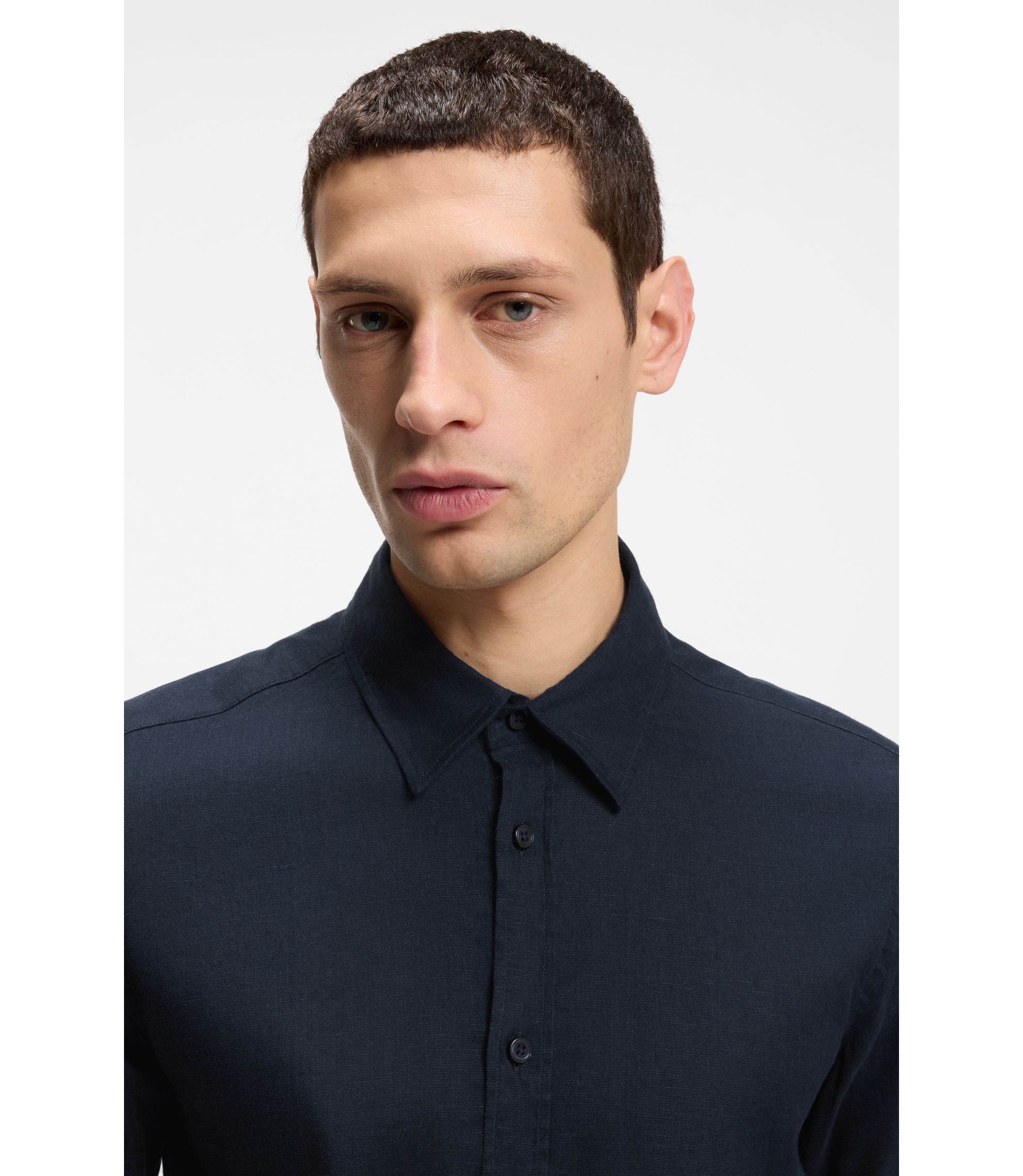 Boss Slim Fit Shirt In Stretch Linen Dark Blue