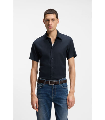 Boss Slim Fit Shirt In Stretch Linen Dark Blue