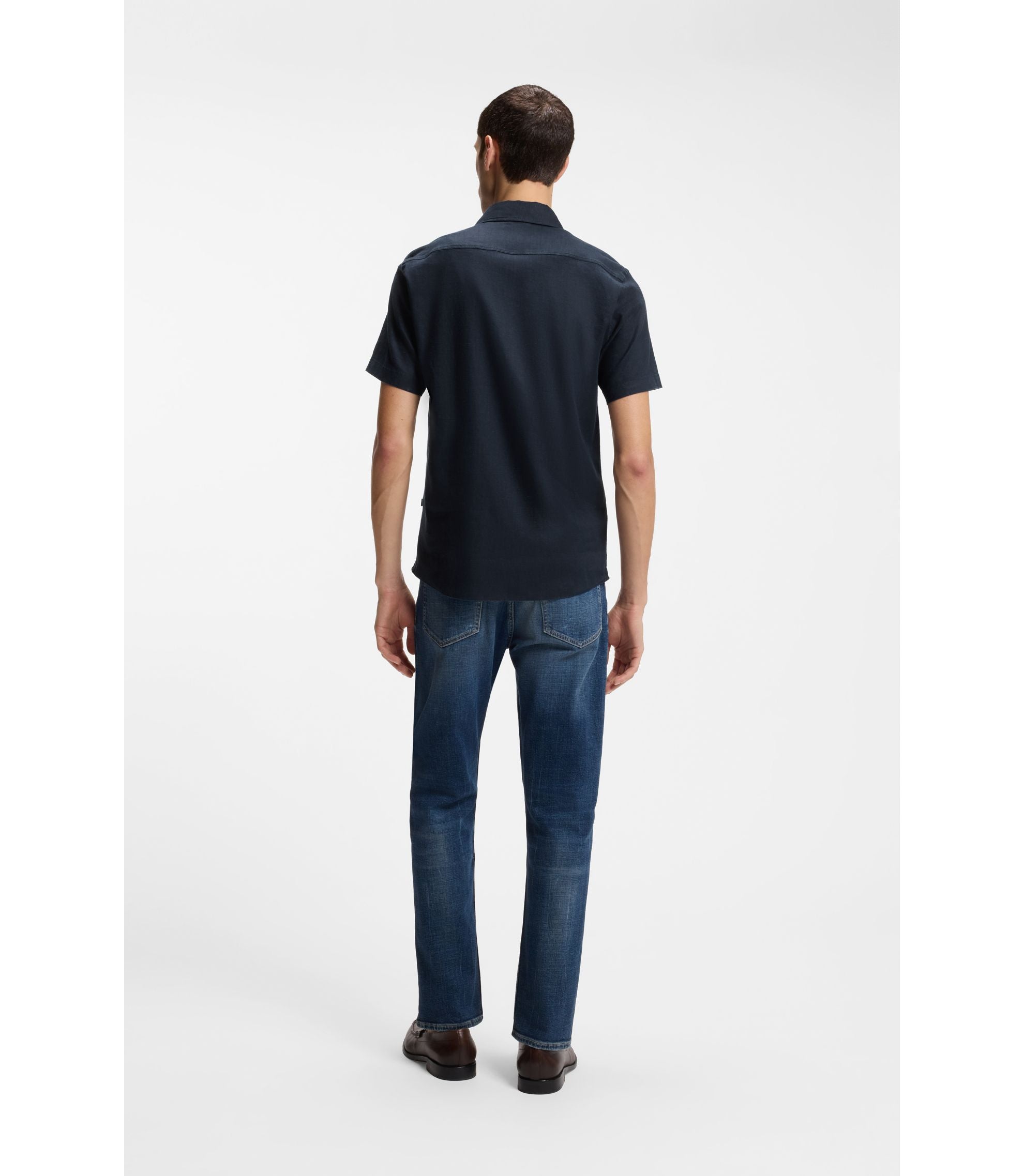 Boss Slim Fit Shirt In Stretch Linen Dark Blue