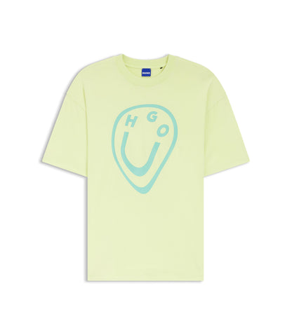 Hugo Cotton Jersey T Shirt With Melted Effect Happy Hugo Print Green Women's