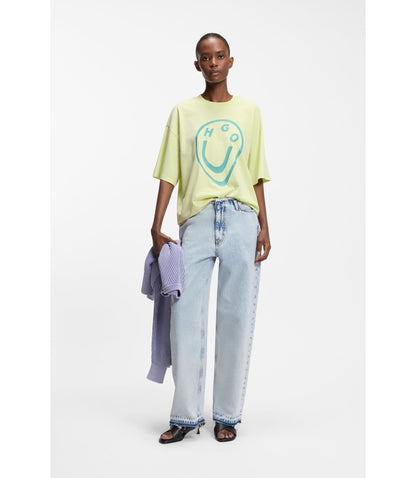 Hugo Cotton Jersey T Shirt With Melted Effect Happy Hugo Print Green Women's