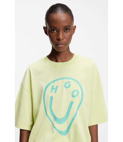 Hugo Cotton Jersey T Shirt With Melted Effect Happy Hugo Print Green Women's