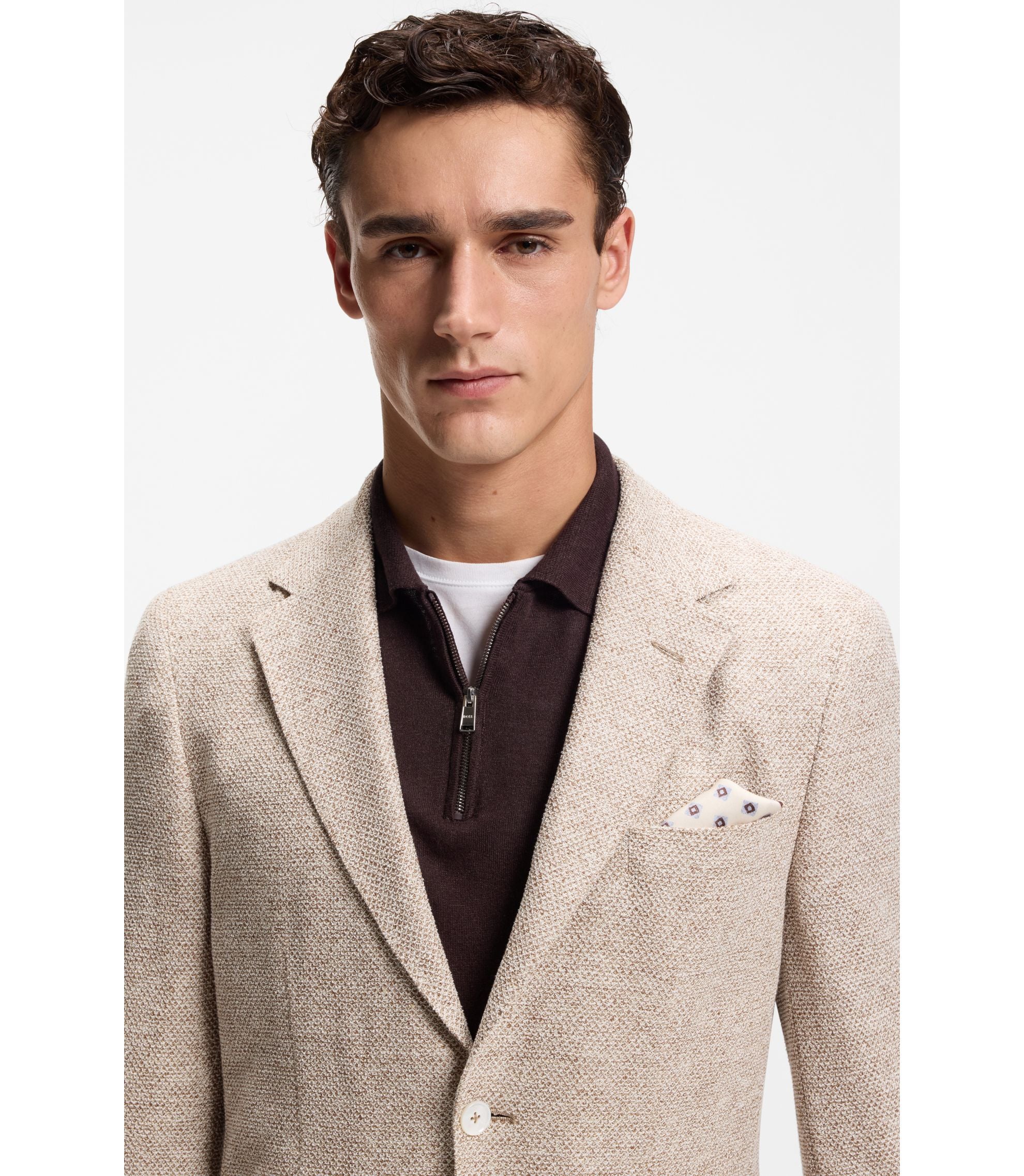 Boss Patterned Regular Fit Jacket In A Linen Blend Beige