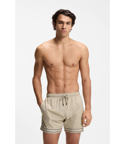 Boss Drawstring Swim Shorts In Stretch Fabric With Tape Trim Light Beige