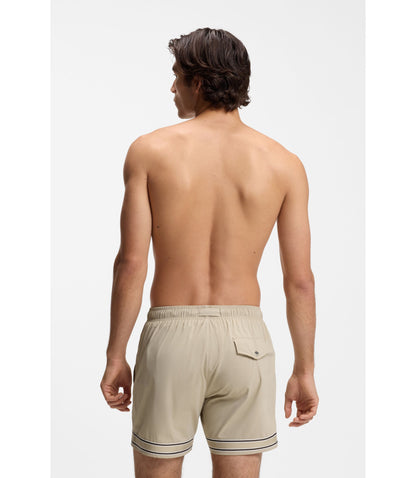 Boss Drawstring Swim Shorts In Stretch Fabric With Tape Trim Light Beige