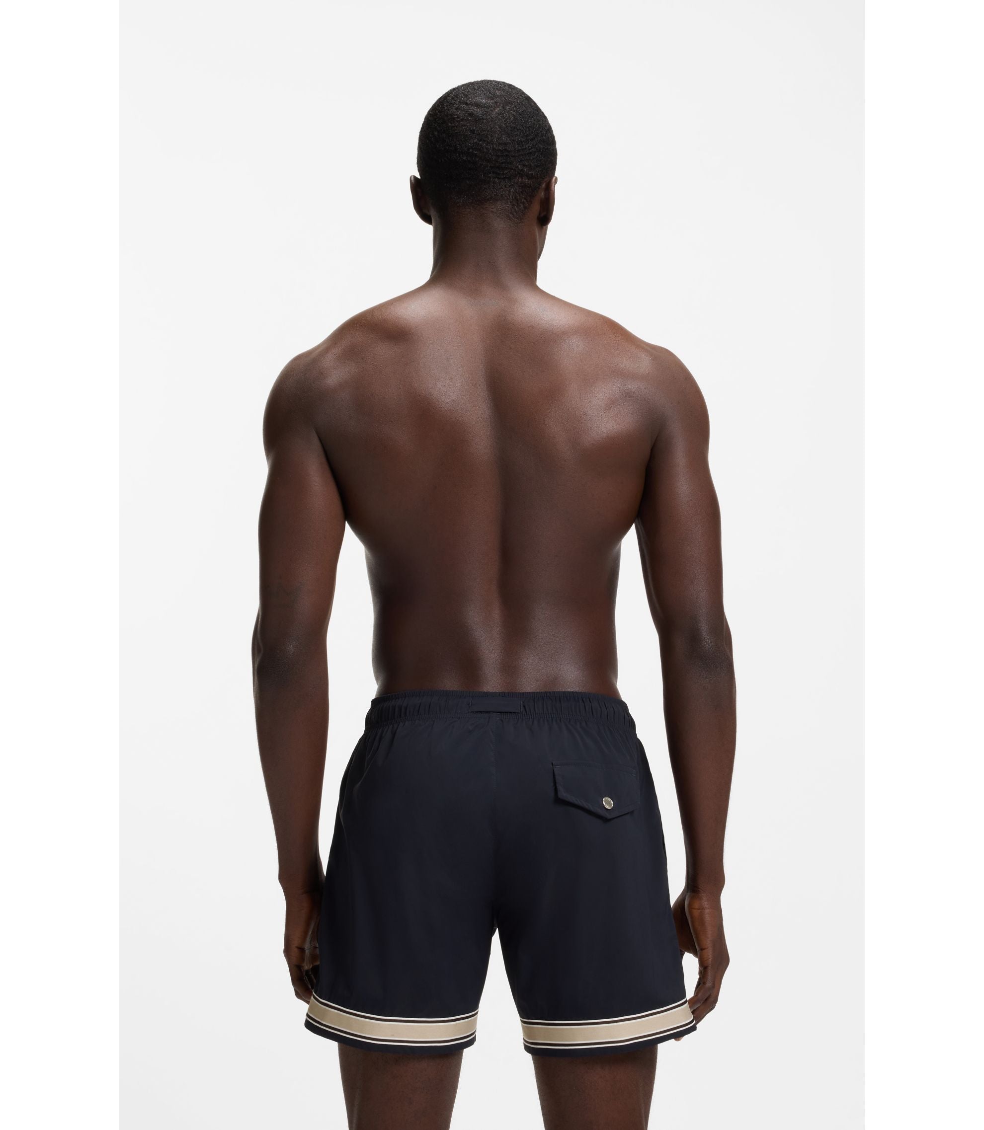 Boss Drawstring Swim Shorts In Stretch Fabric With Tape Trim Dark Blue