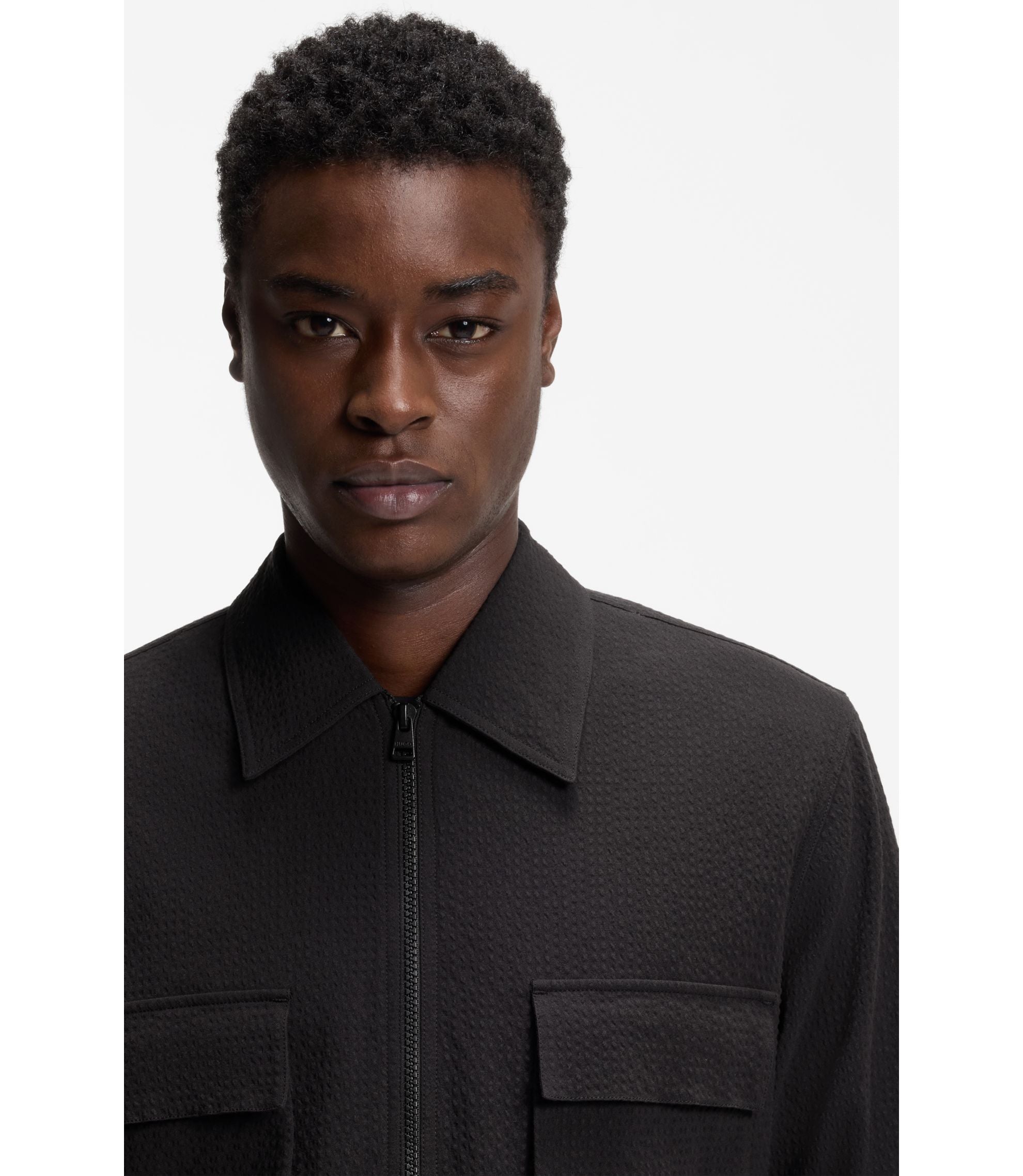 Hugo Oversized Fit Shirt In Stretch Cotton Seersucker Black