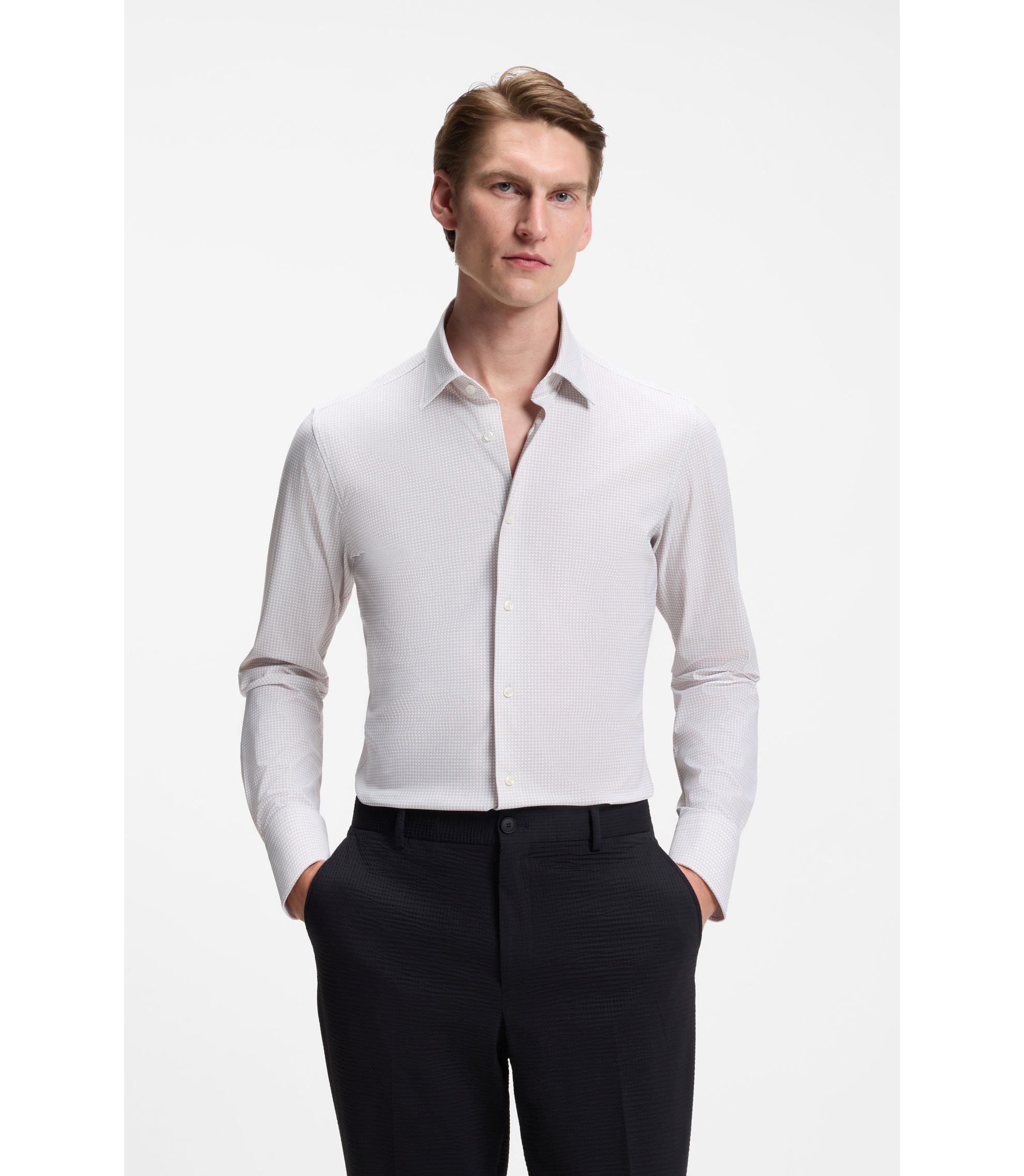 Boss Printed Slim Fit Shirt In Performance Stretch Jersey Light Beige