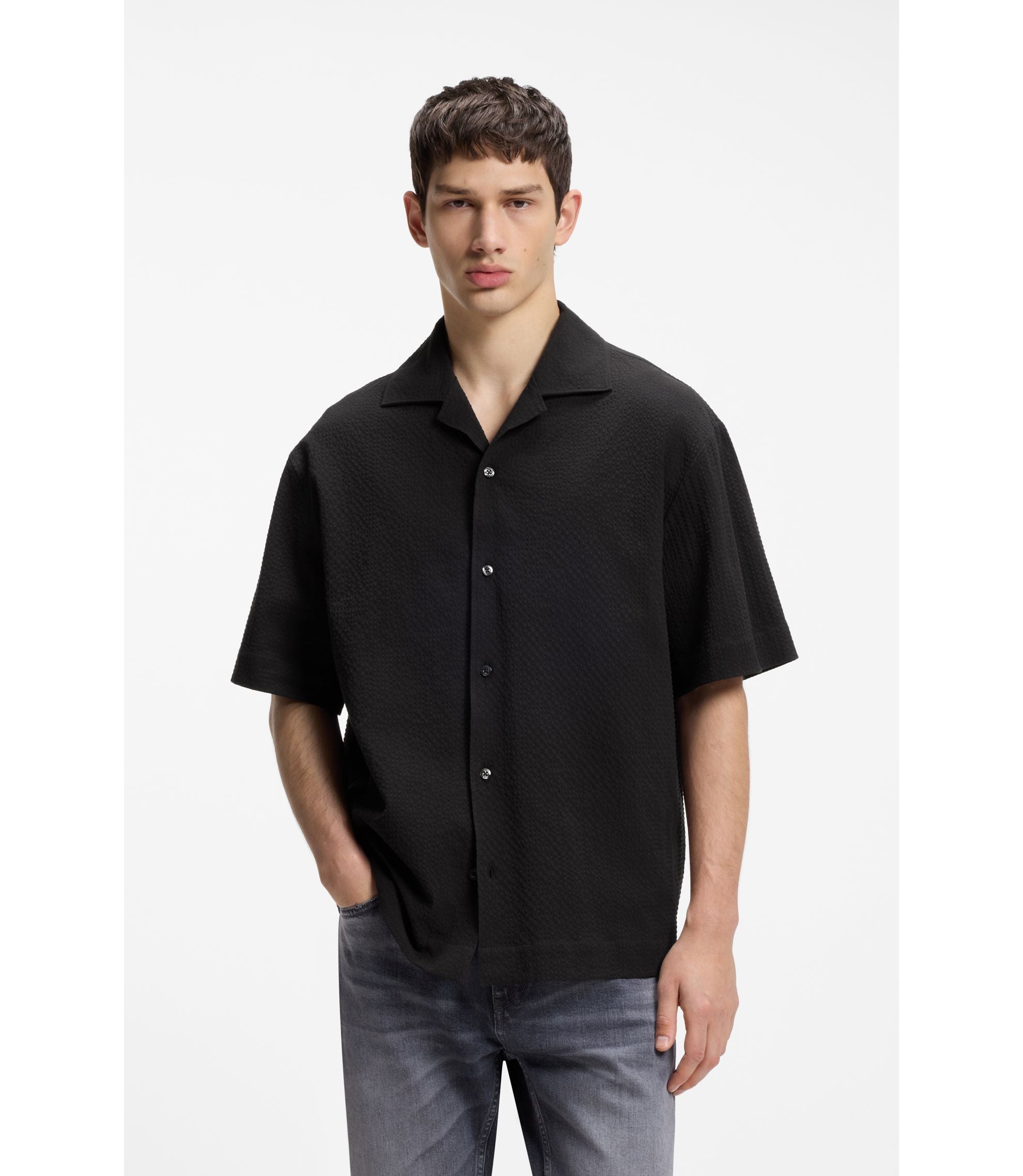 Hugo Oversized Fit Shirt In Stretch Cotton Seersucker Black