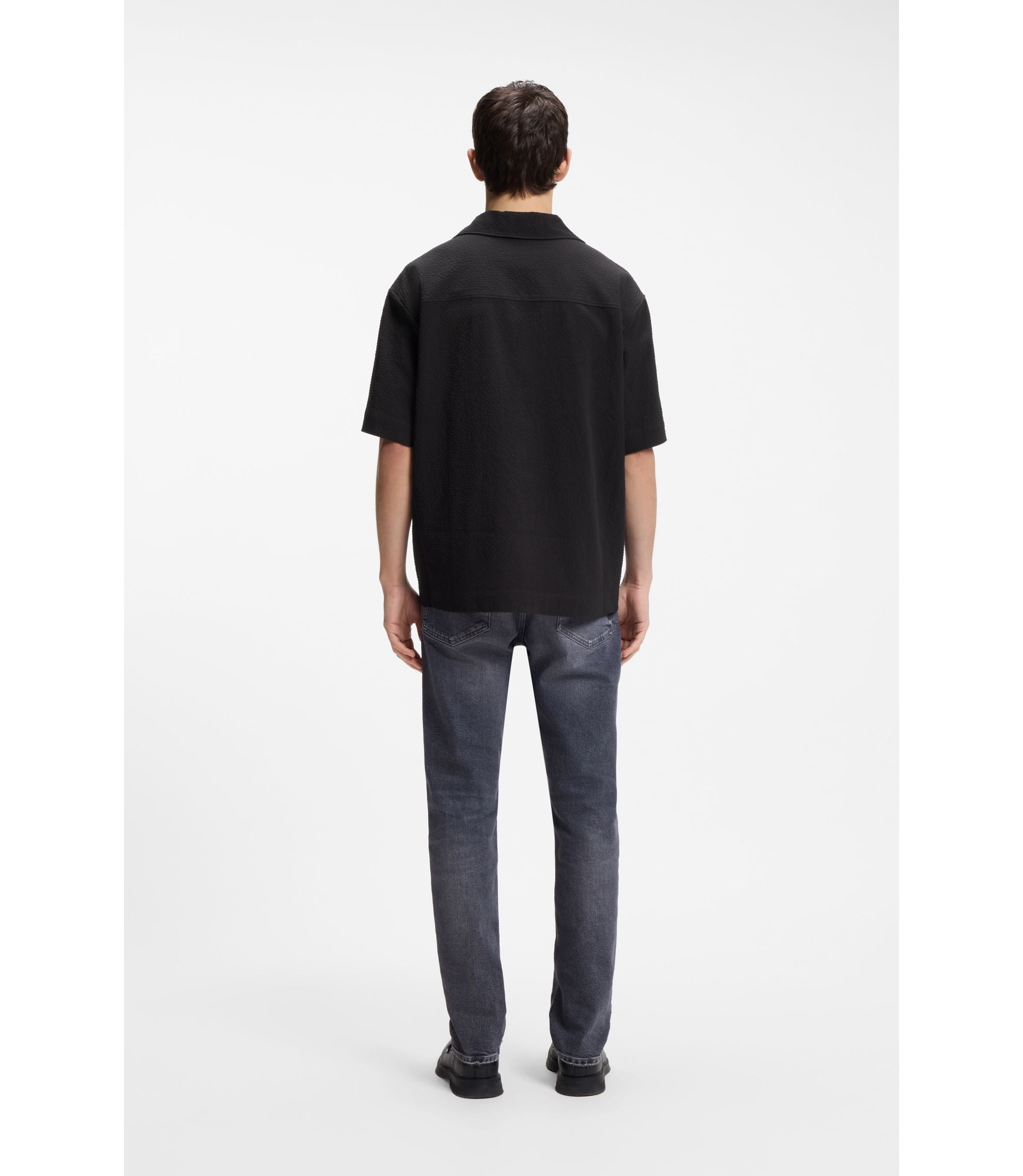 Hugo Oversized Fit Shirt In Stretch Cotton Seersucker Black