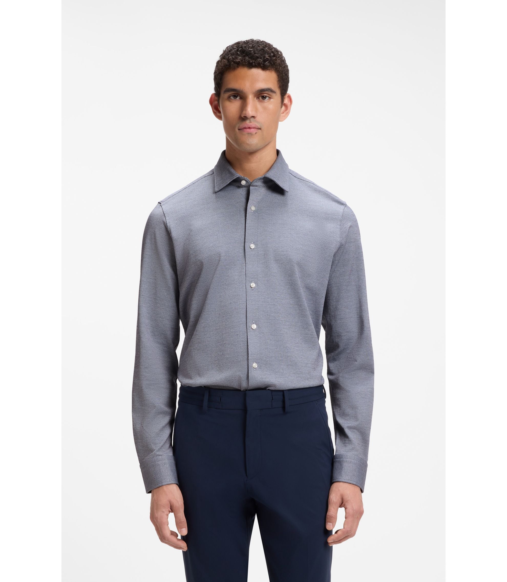 Boss Patterned Regular Fit Shirt In Cotton Jersey Dark Blue