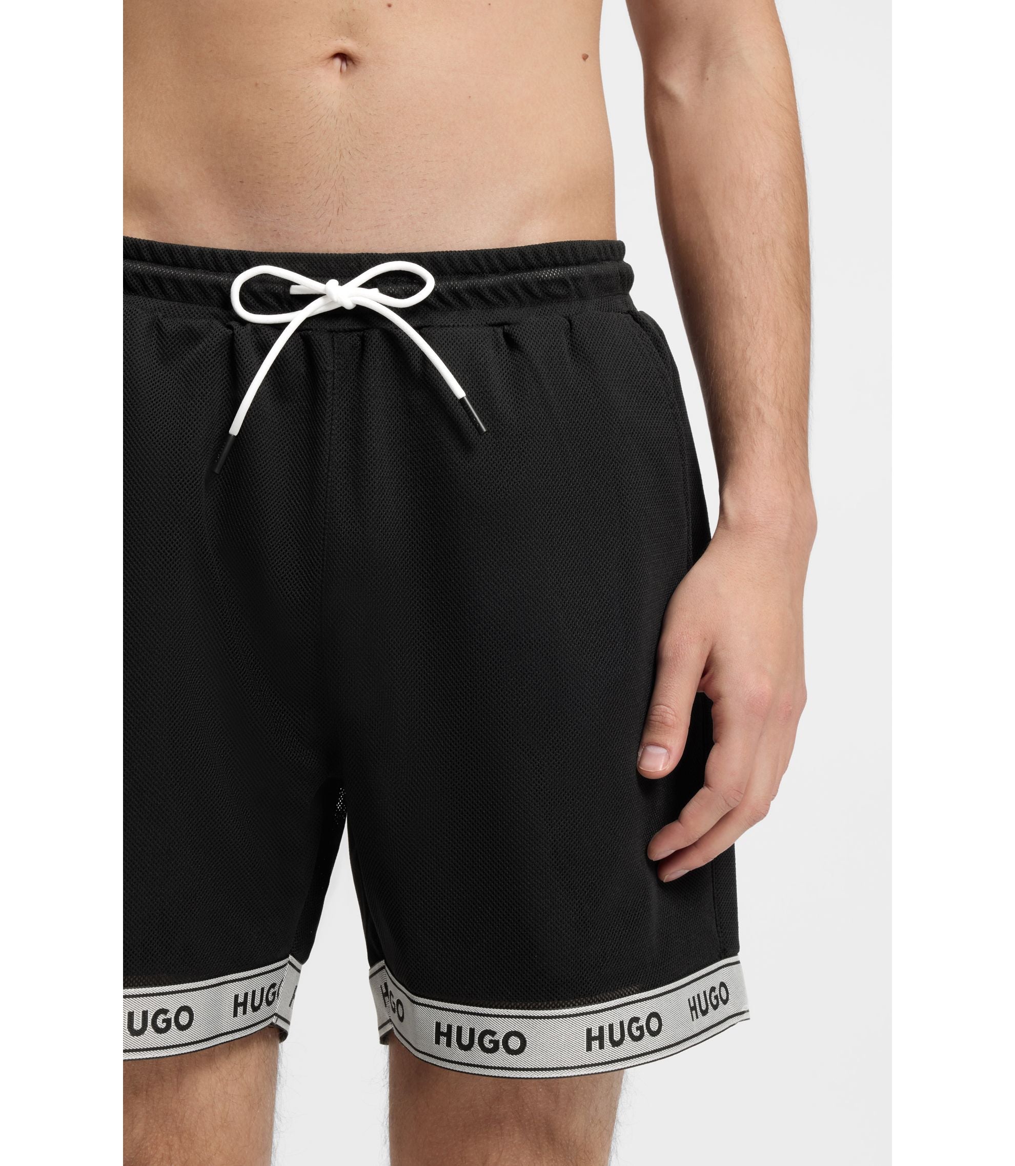Hugo Mesh Swim Shorts With Jacquard Logo Tape Black
