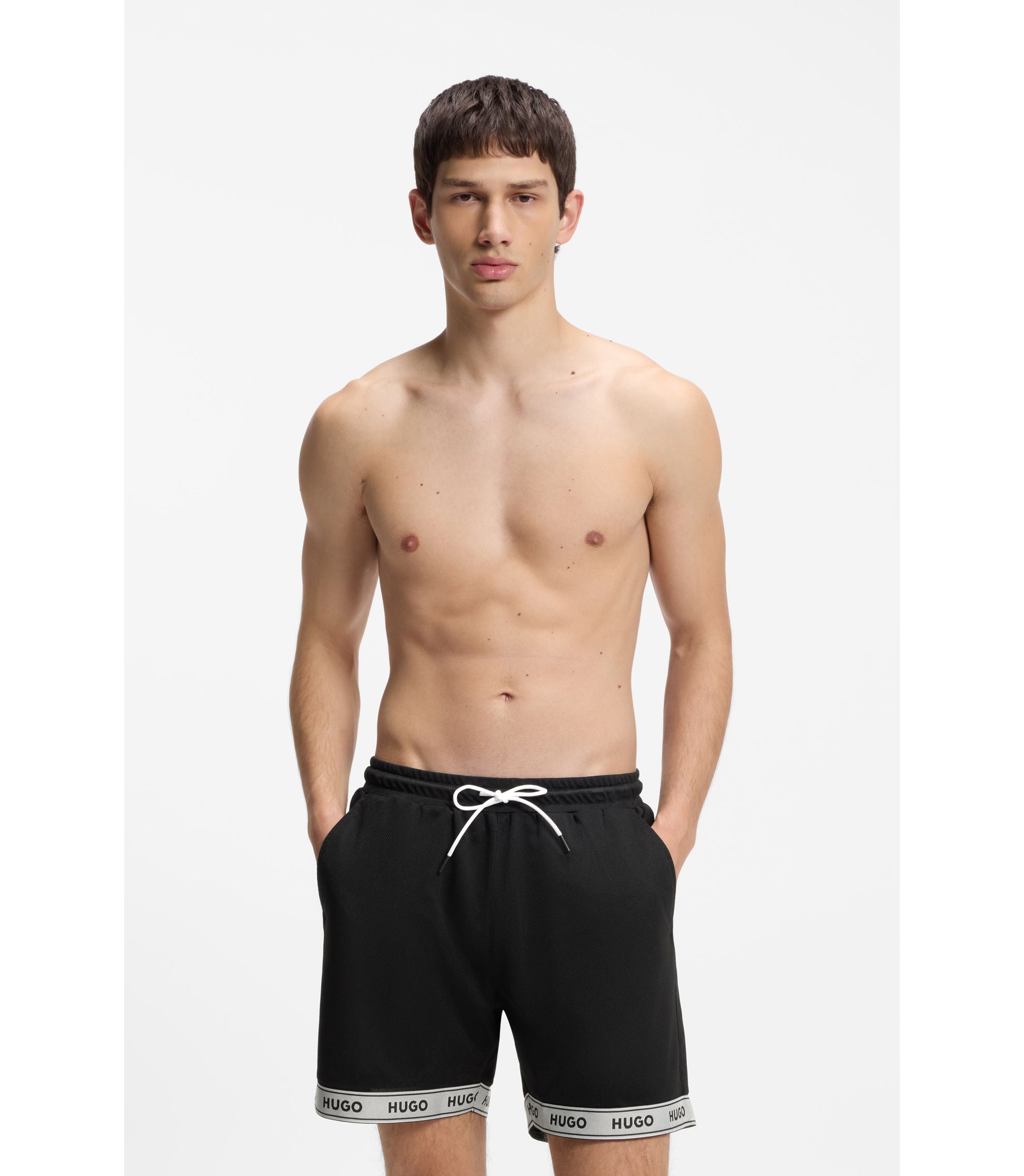 Hugo Mesh Swim Shorts With Jacquard Logo Tape Black