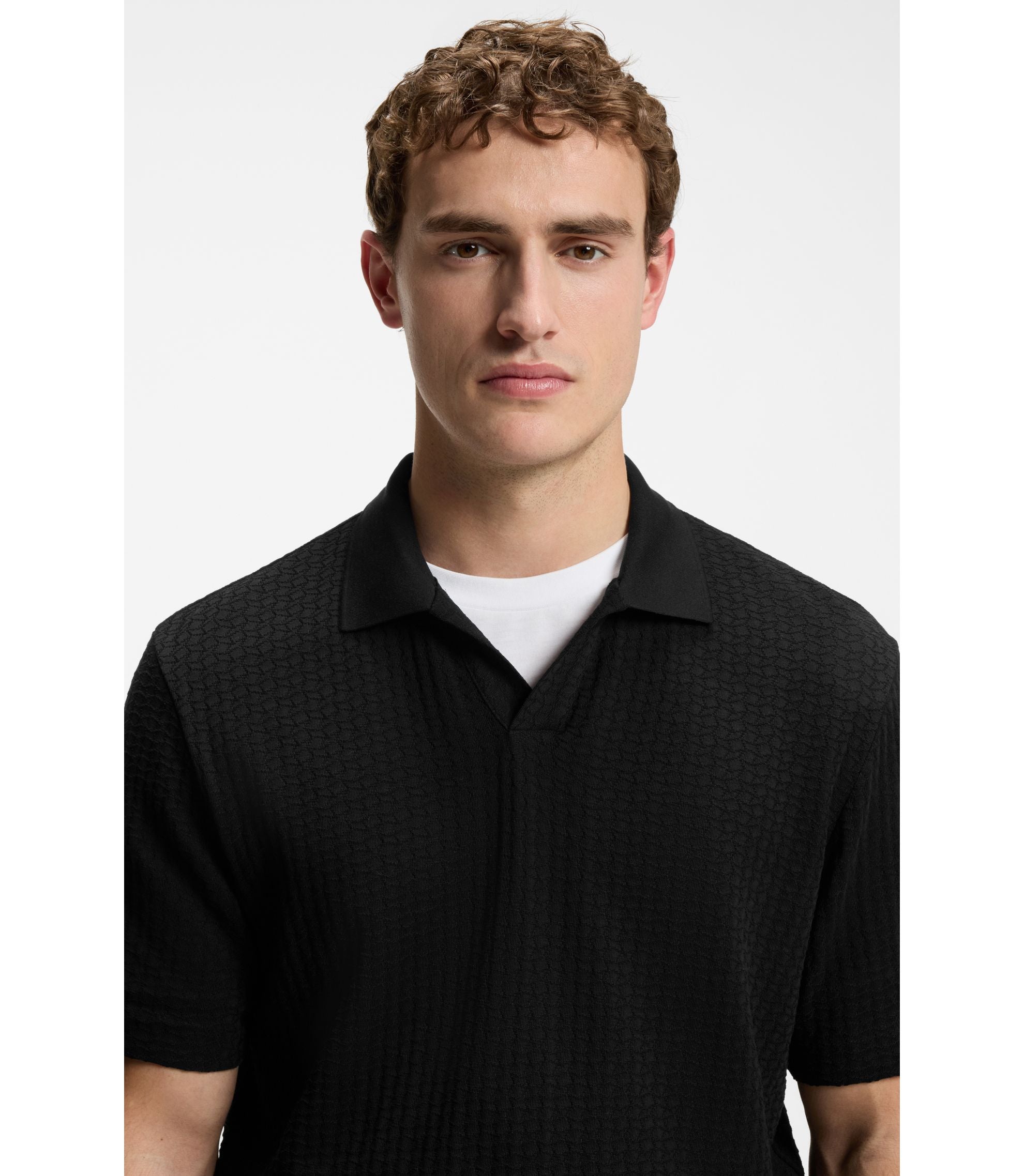 Boss Jacquard Pattern Polo Shirt With Johnny Collar Black