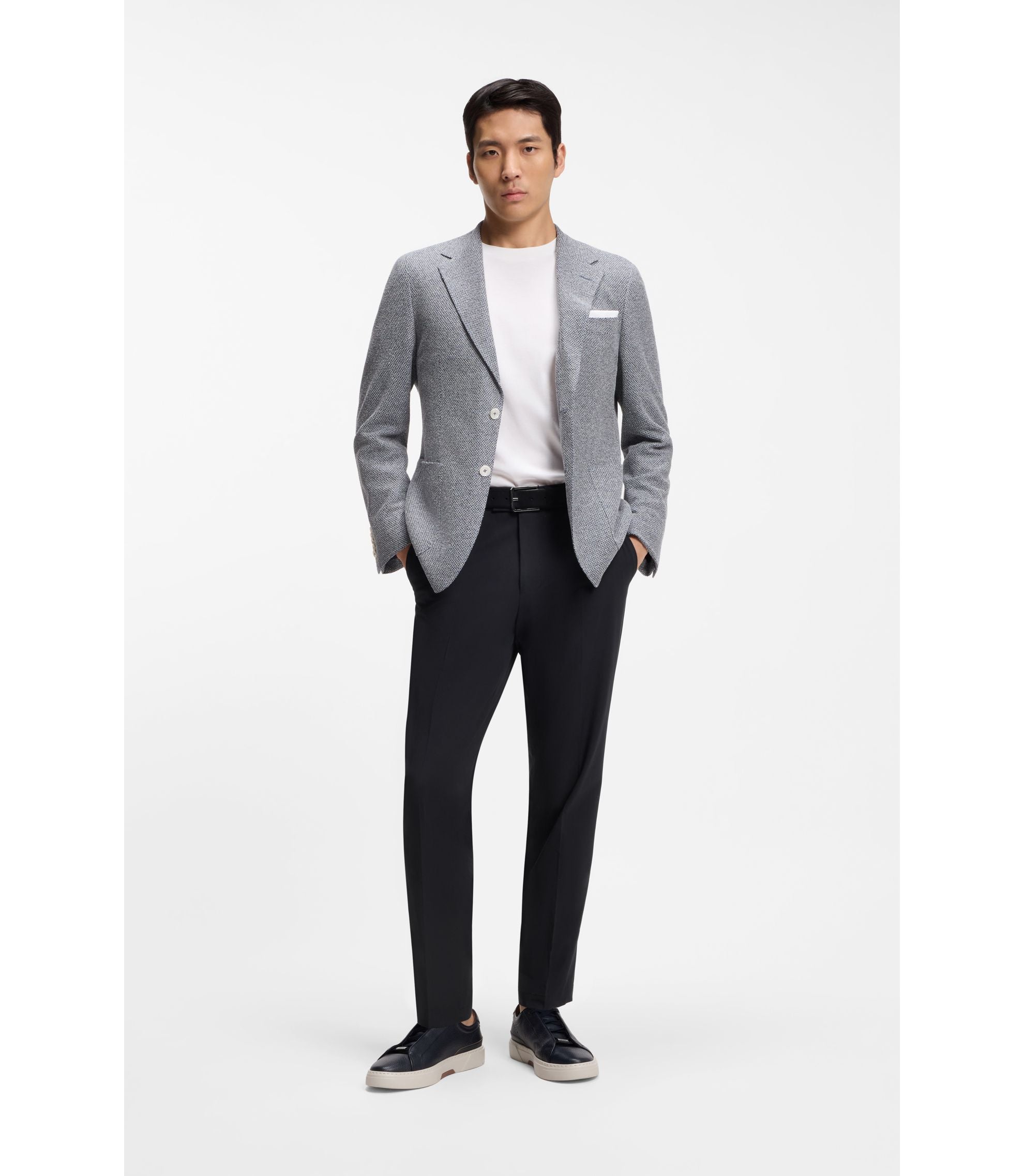 Boss Easy Iron Tapered Fit Trousers In Stretch Cotton Poplin Dark Blue