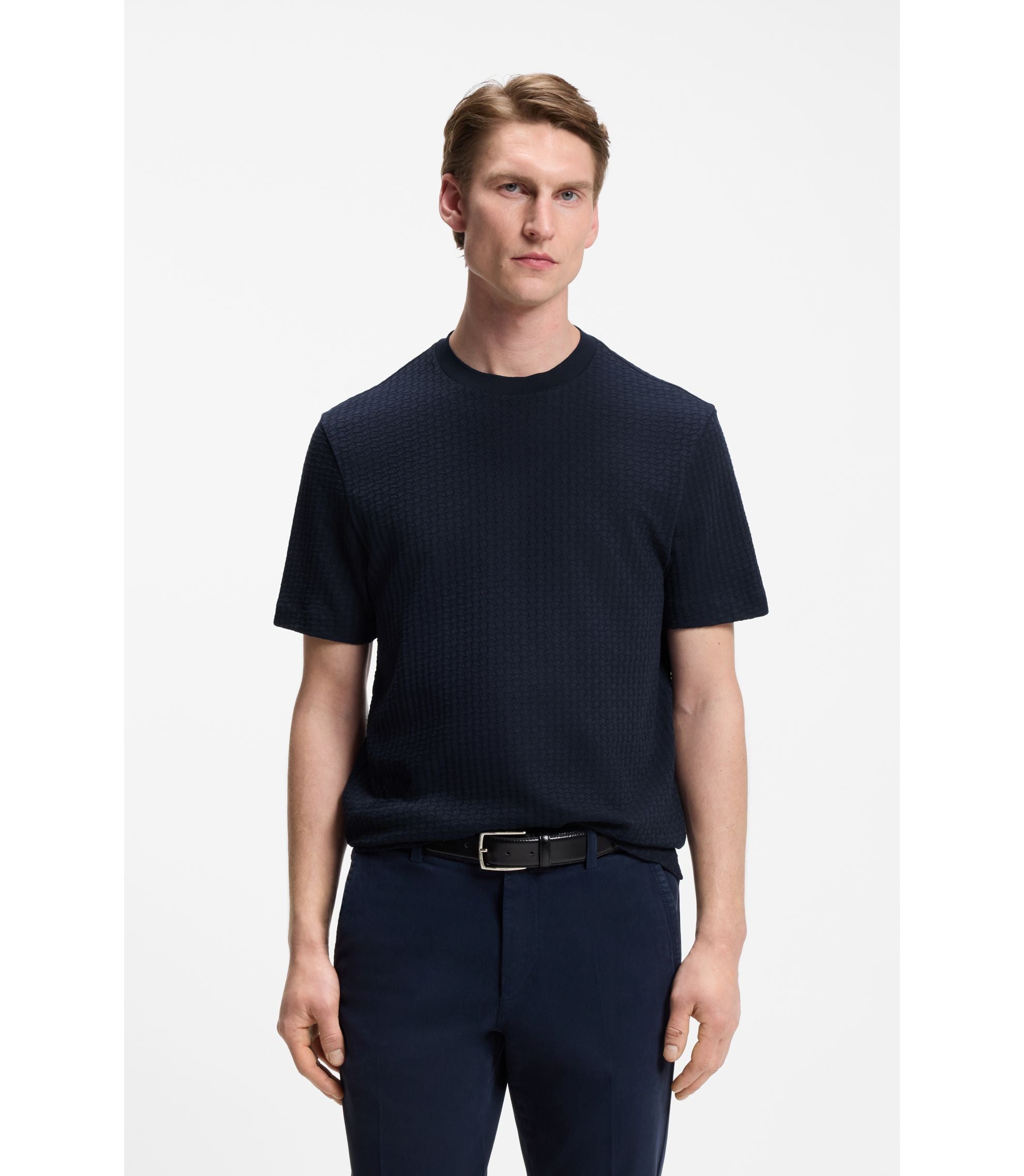 Boss Jacquard Pattern T Shirt In Cotton Dark Blue