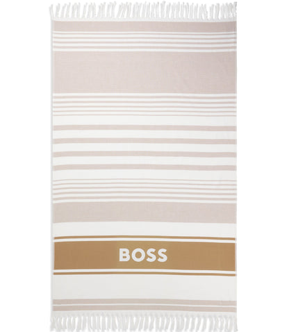 Boss Fringed Logo Beach Towel In Cotton Jacquard Beige
