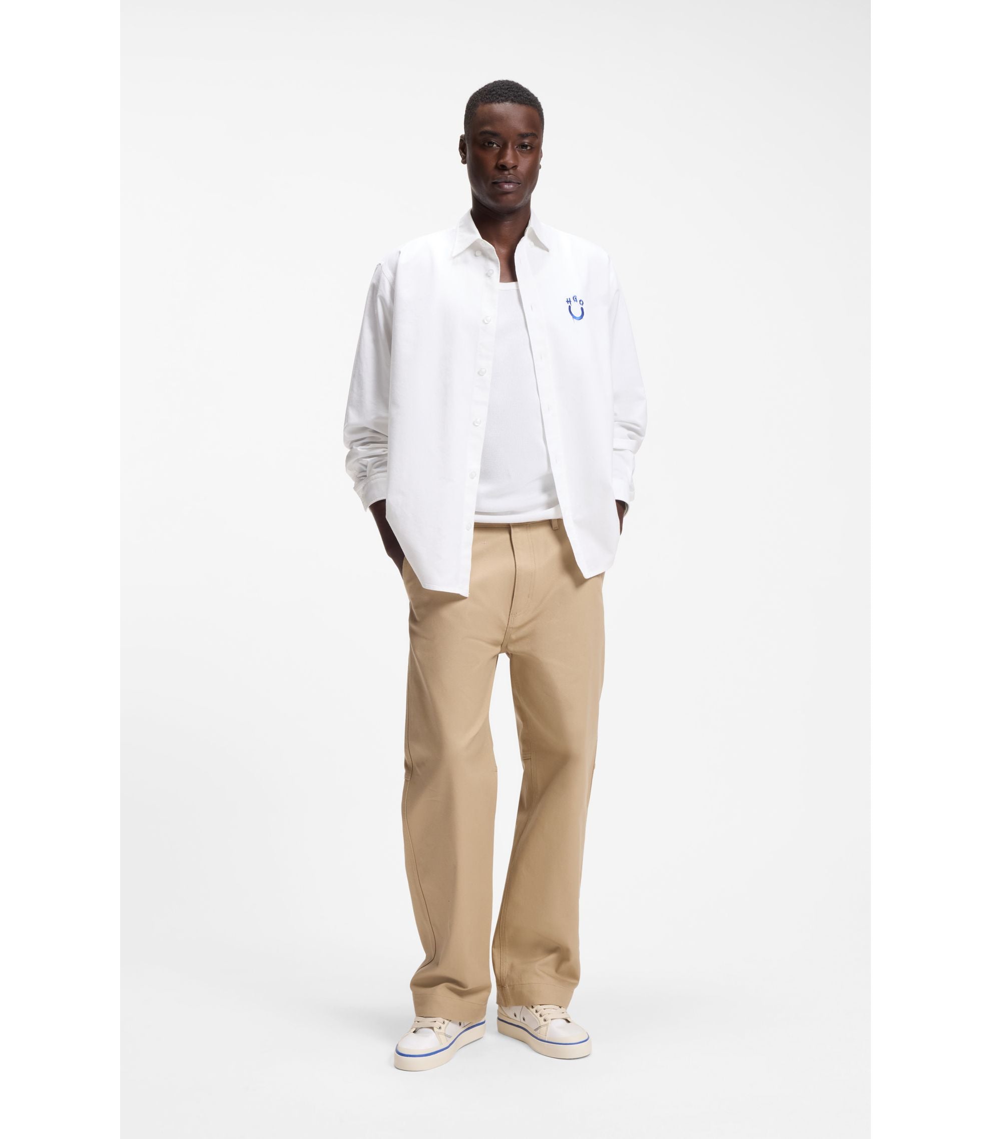 Hugo Oversize Fit Shirt In Oxford Cotton With Logo Embroidery White