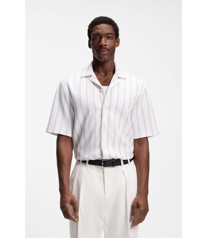Boss Striped Relaxed Fit Shirt In Stretch Cotton Light Beige