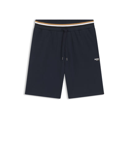 Boss Logo Print Shorts In Cotton Terry Dark Blue