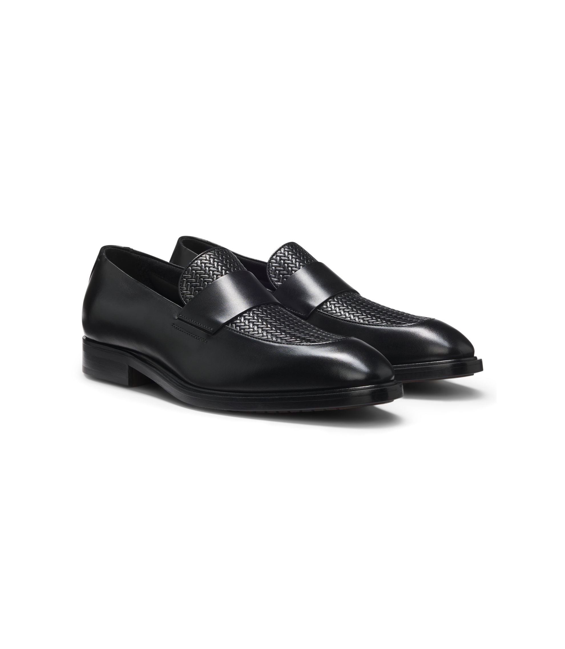 Boss Leather Loafers With Woven Vamp Black Black