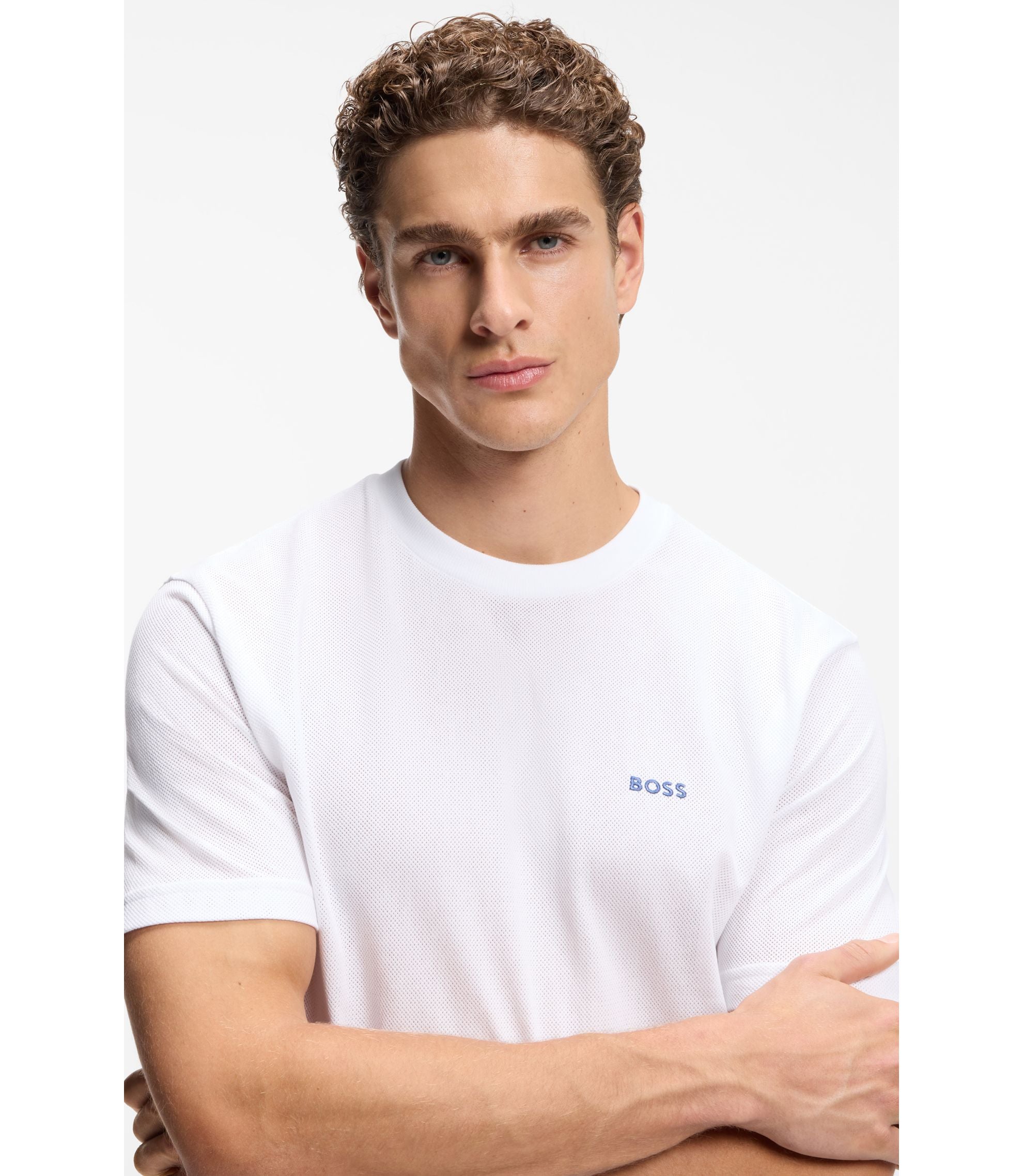 Boss Embroidered Artwork T Shirt In Cotton Mesh White