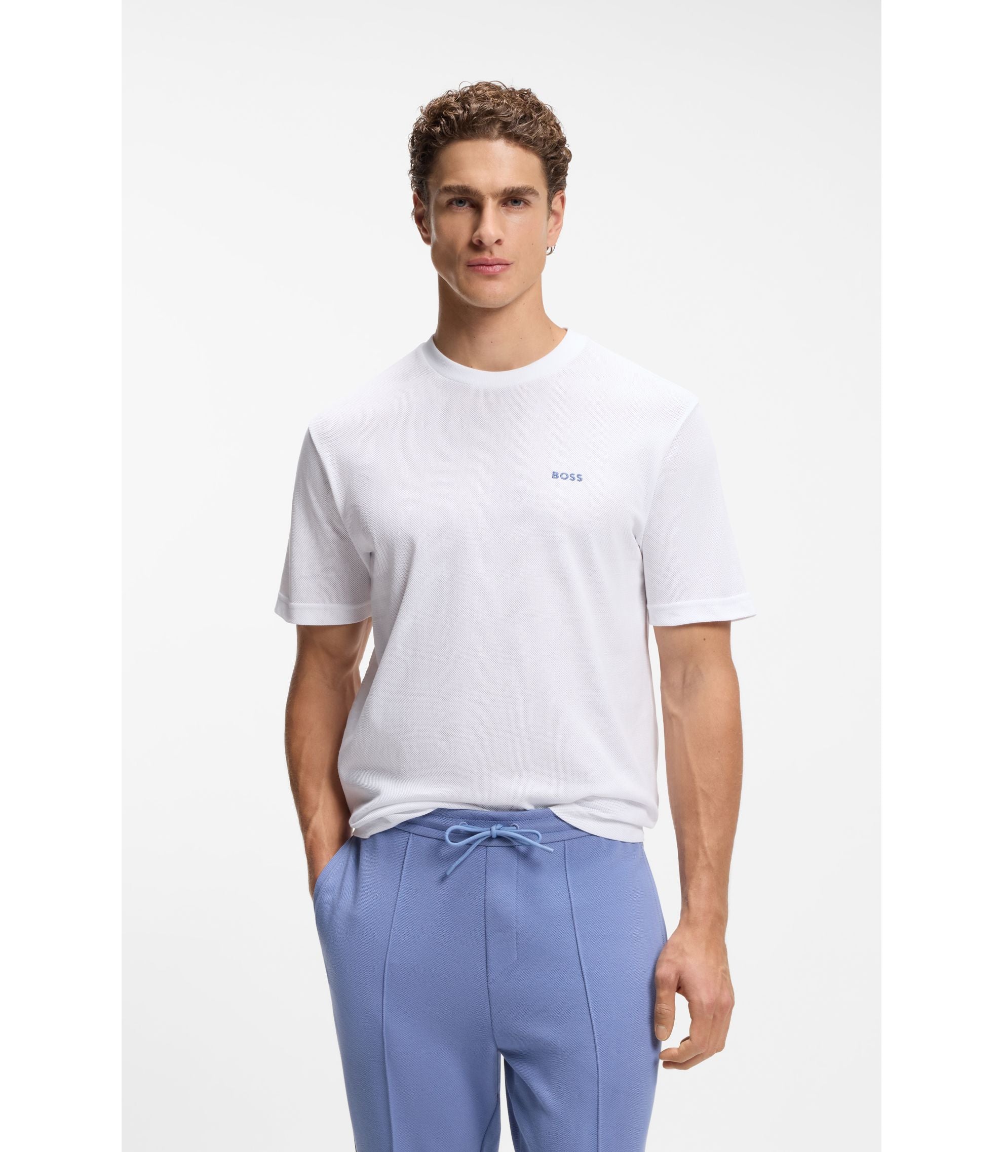 Boss Embroidered Artwork T Shirt In Cotton Mesh White