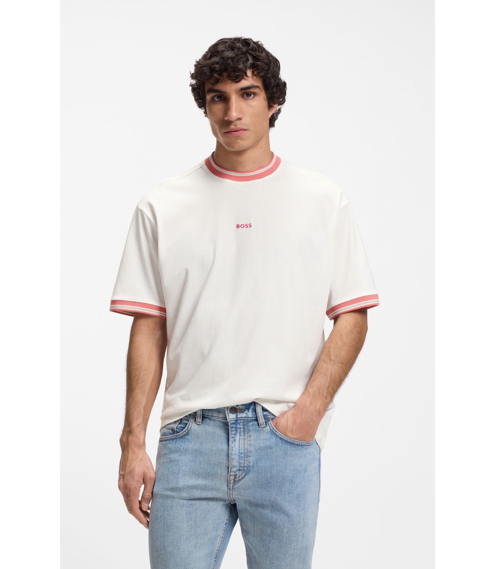 Boss Relaxed Fit T Shirt In Cotton With Striped Trims White