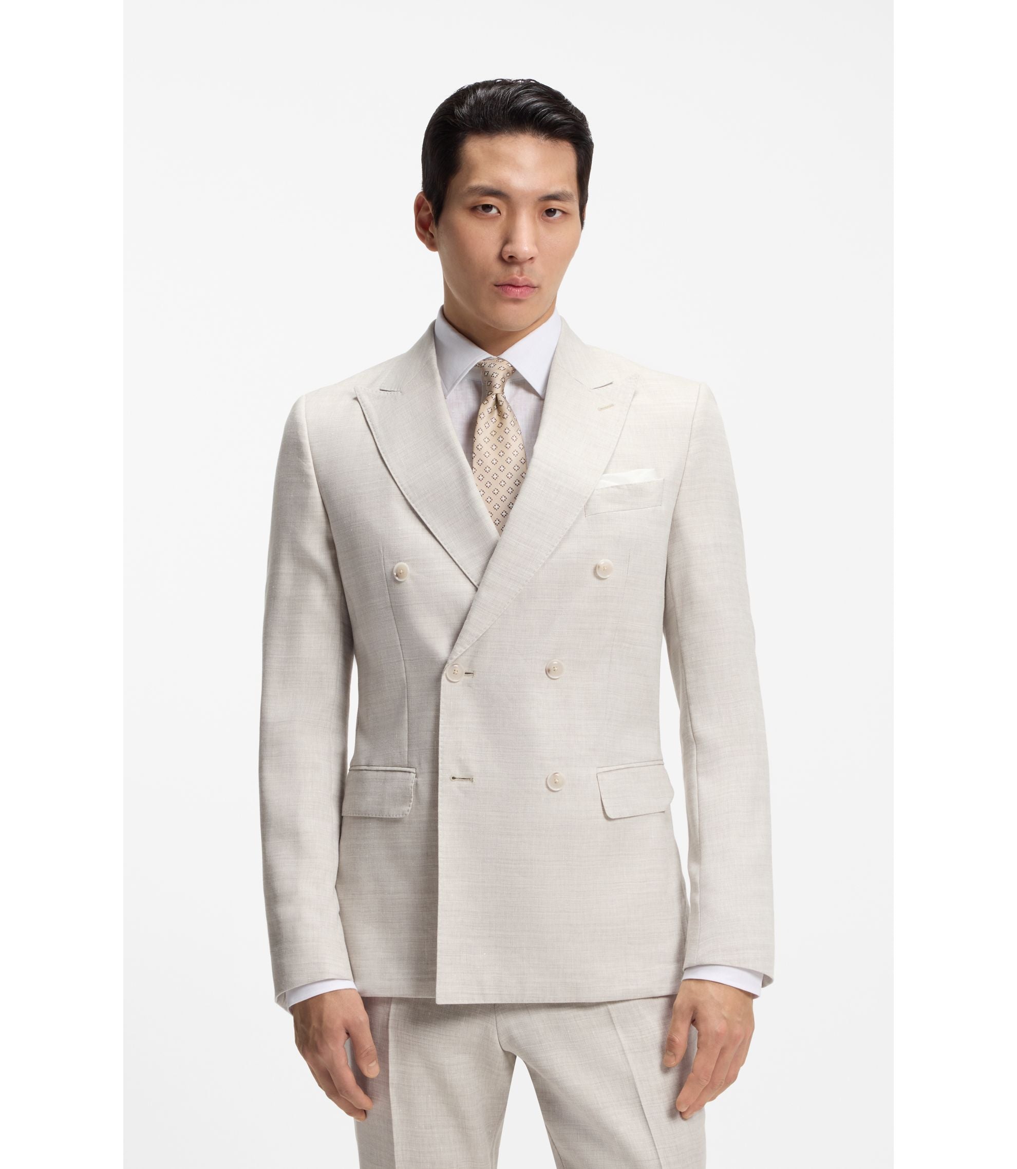Boss Two Piece Slim Fit Suit In Striped Linen And Wool Light Grey