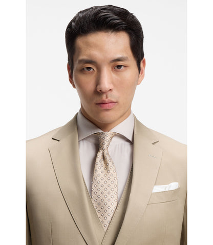 Boss Three Piece Slim Fit Suit In Virgin Wool Serge Light Beige