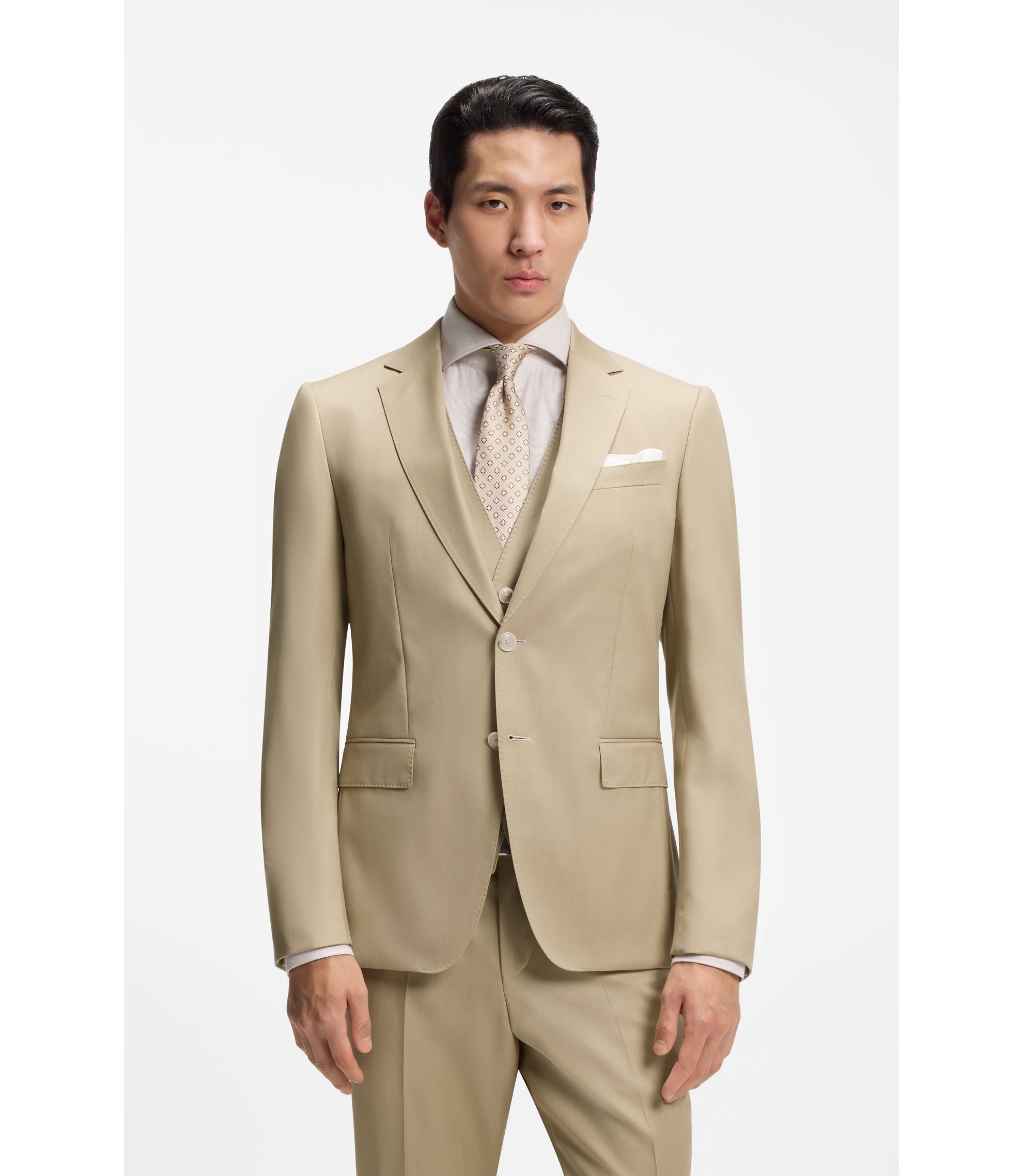 Boss Three Piece Slim Fit Suit In Virgin Wool Serge Light Beige