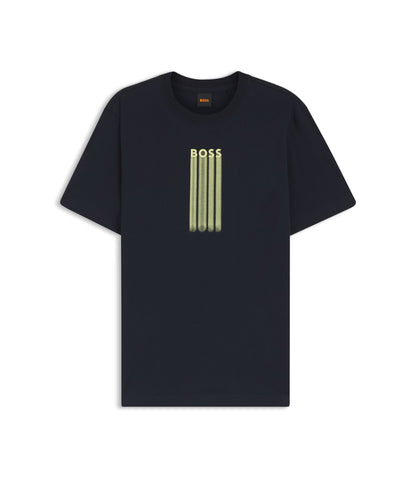 Boss Logo Artwork T Shirt In Cotton Jersey Dark Blue