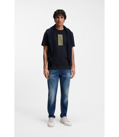 Boss Logo Artwork T Shirt In Cotton Jersey Dark Blue