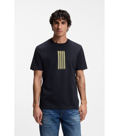 Boss Logo Artwork T Shirt In Cotton Jersey Dark Blue