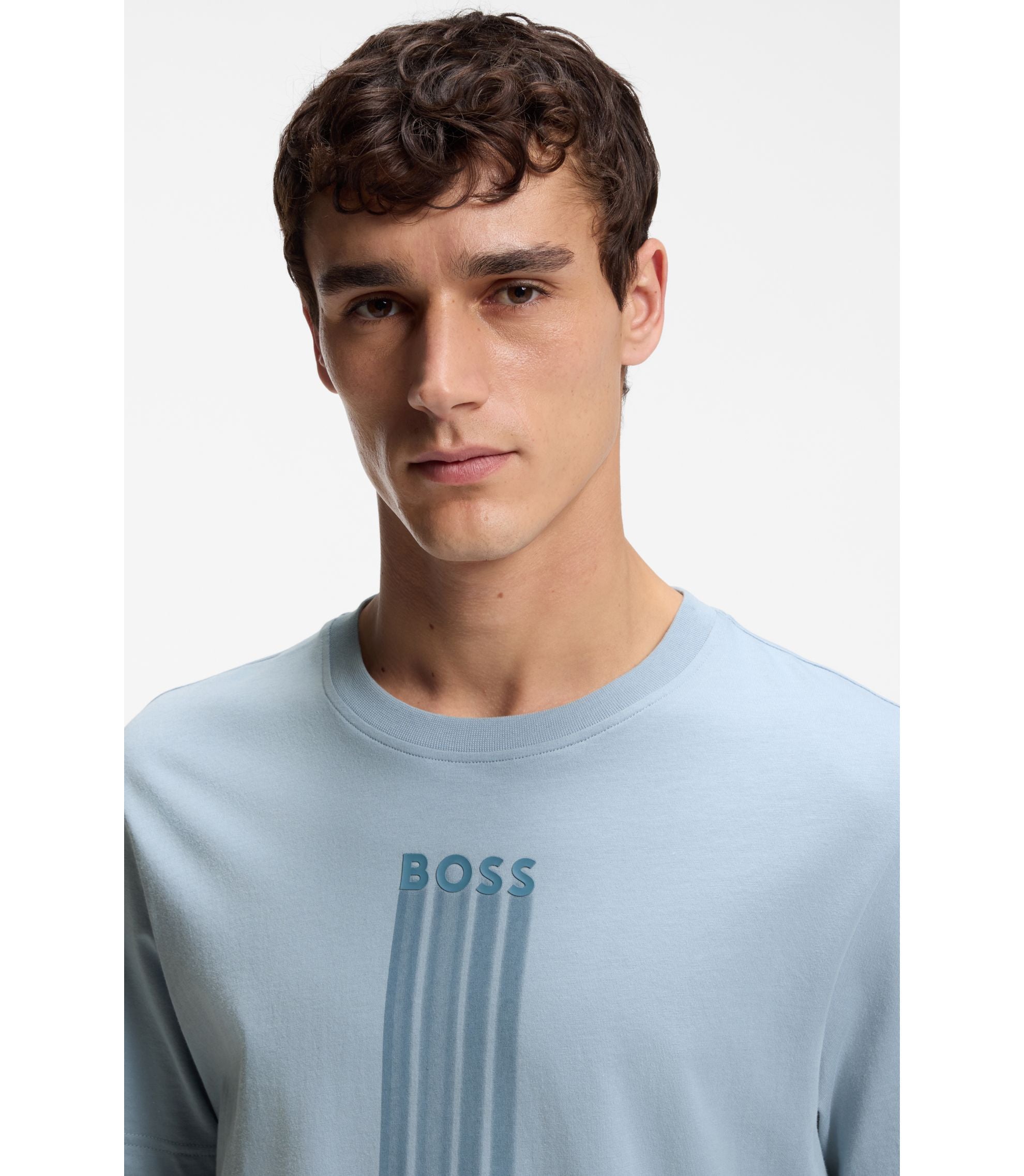 Boss Logo Artwork T Shirt In Cotton Jersey Light Blue
