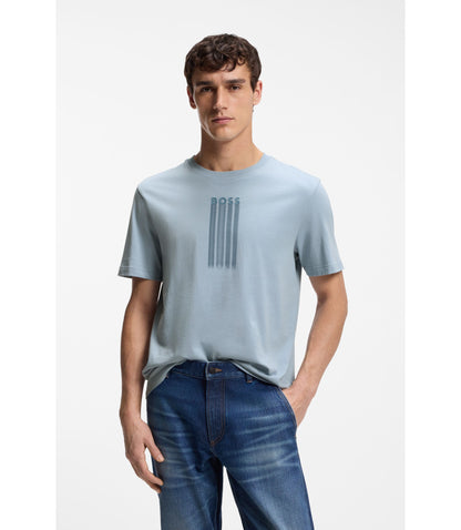 Boss Logo Artwork T Shirt In Cotton Jersey Light Blue