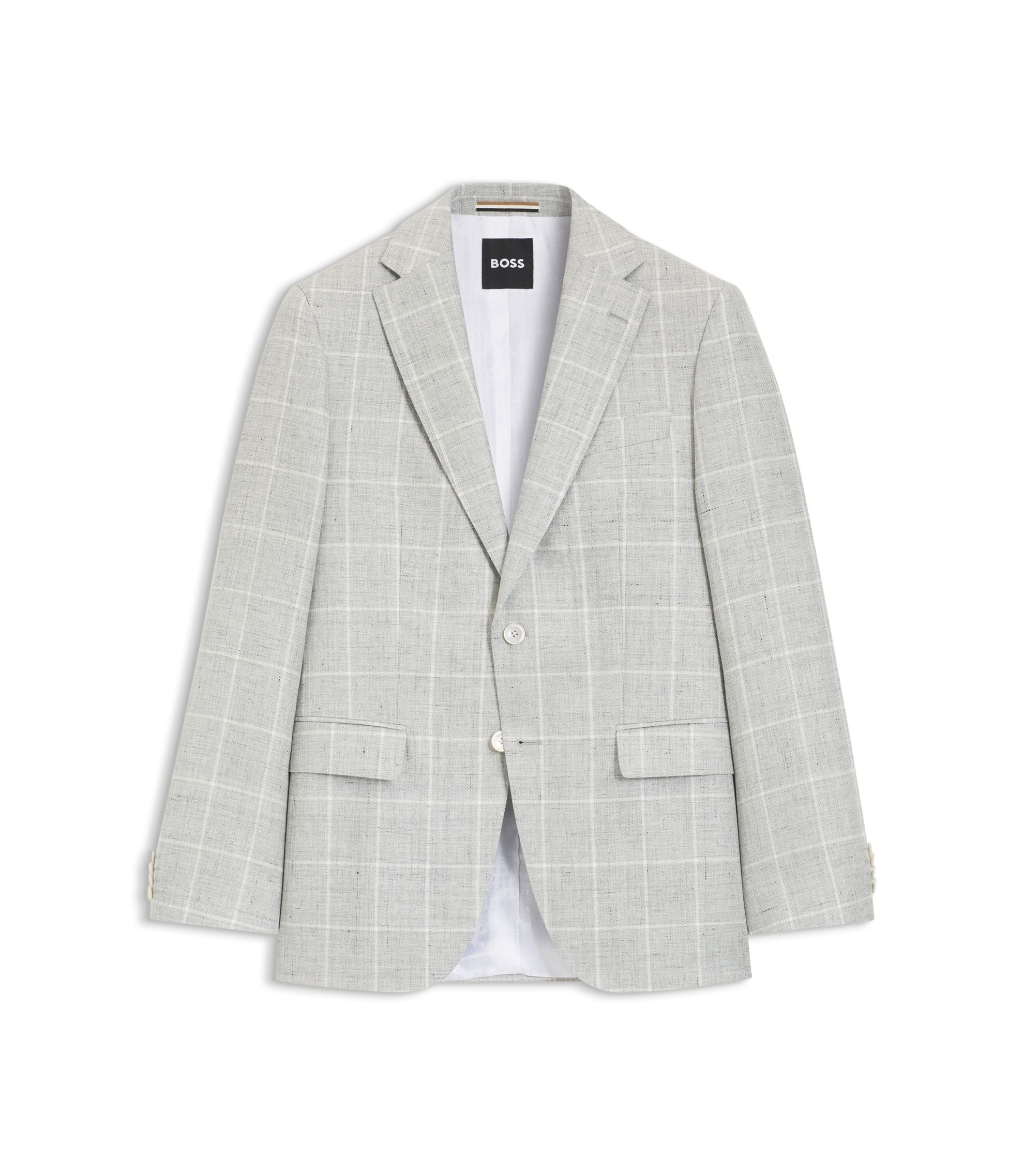Boss Checked Slim Fit Jacket In Linen And Virgin Wool Light Grey
