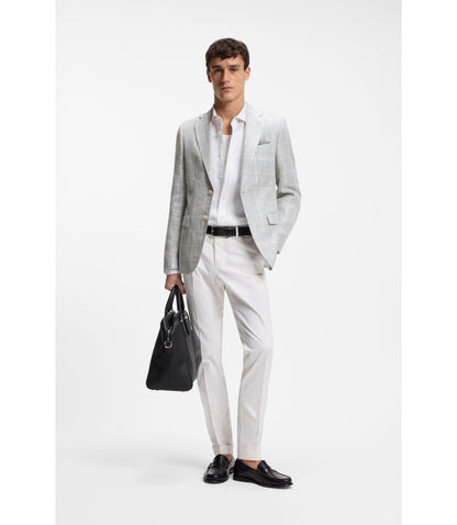 Boss Checked Slim Fit Jacket In Linen And Virgin Wool Light Grey